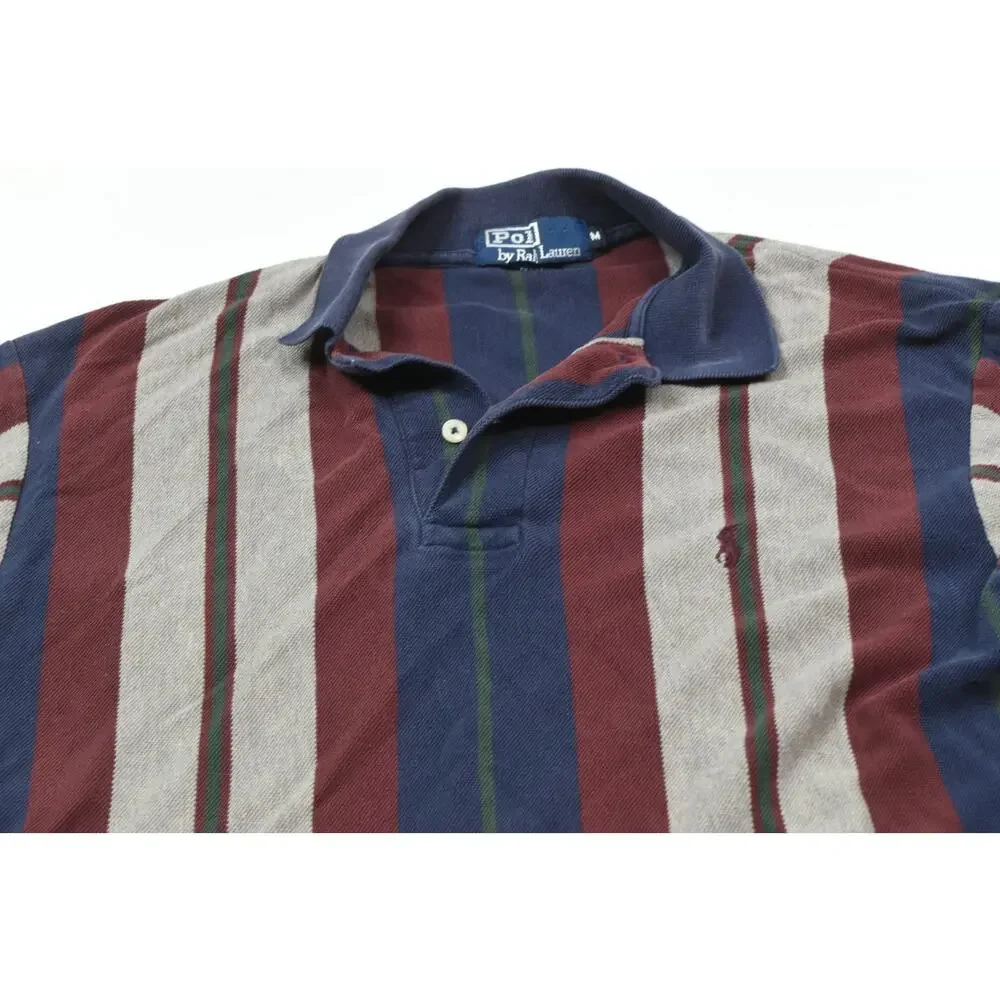 Vintage Polo Ralph Lauren Polo Shirt Mens Medium Maroon Blue Stripe Long Sleeve